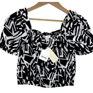 NWT Monteau Black White Geometrical Linen Blend Puff Sleeve Crop Top Medium